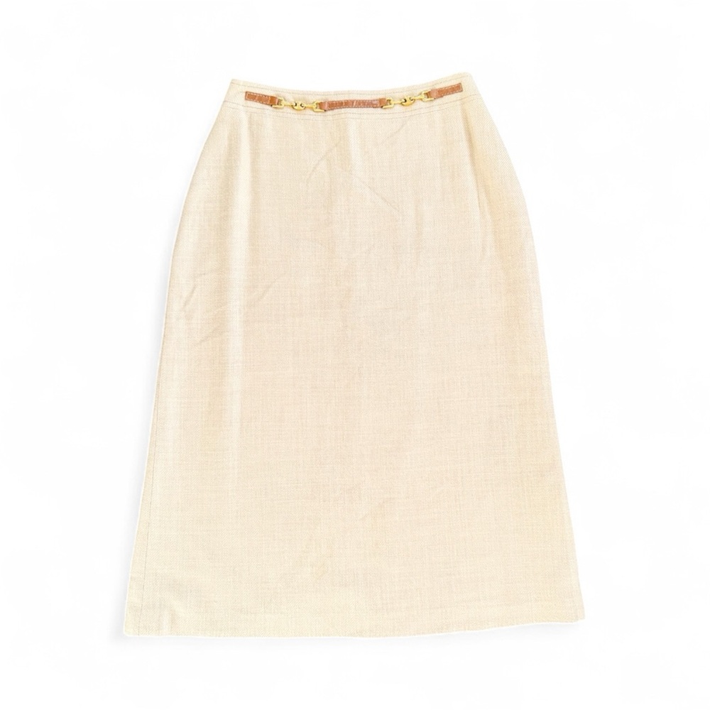 VINTAGE CELINE Wool Midi Skirt Tan with Leather and Gold Accents